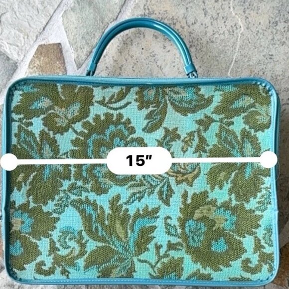VINTAGE AVON Retro Sales Rep Blue Floral Green Tapestry Mini Suitcase 70s - Picture 8 of 10